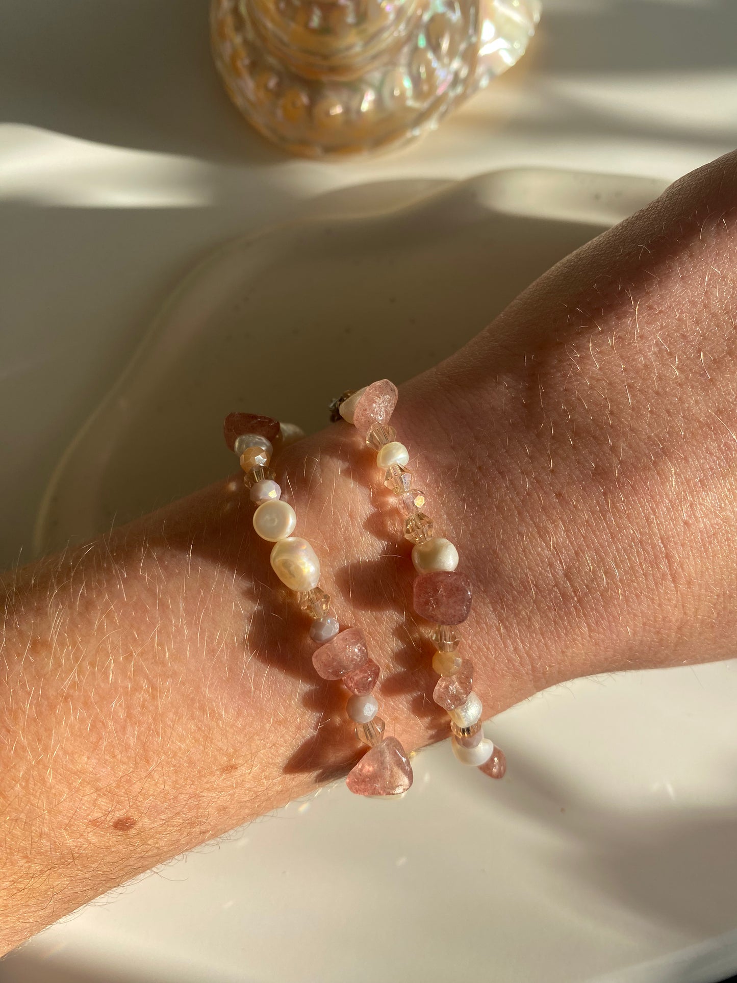 Strawberry Quartz & Freshwater Pearl Bracelet
