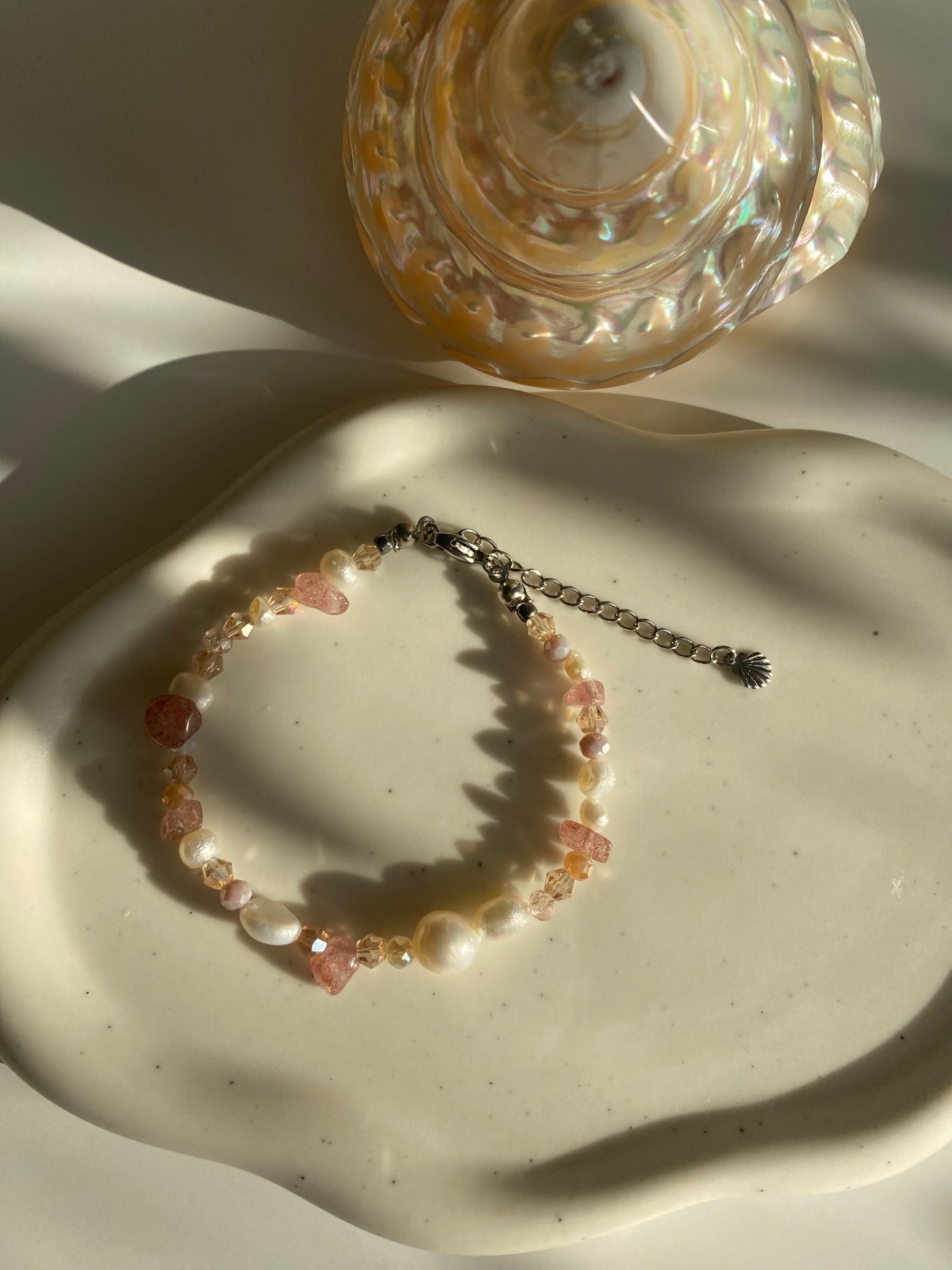 Strawberry Quartz & Freshwater Pearl Bracelet