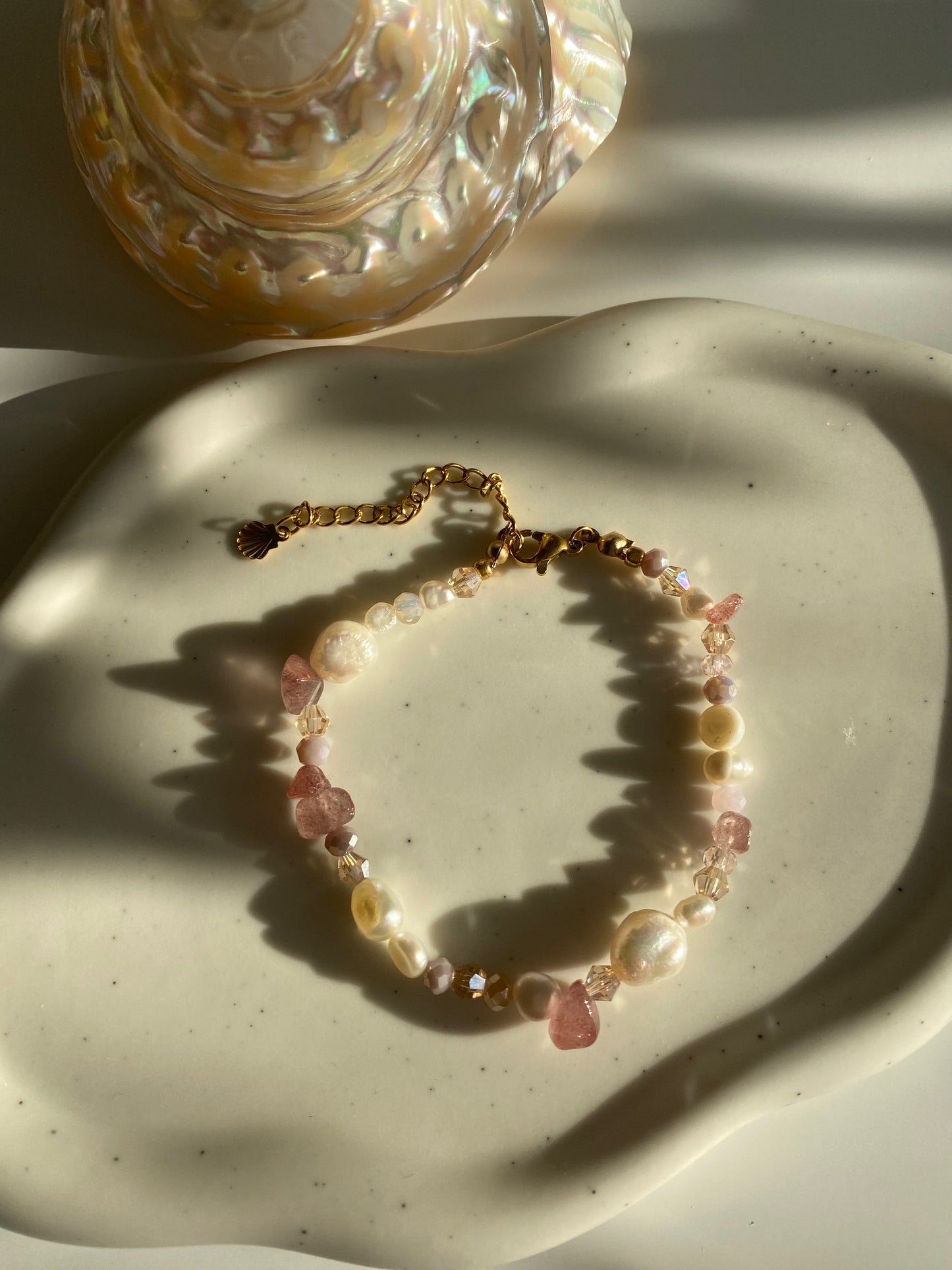Strawberry Quartz & Freshwater Pearl Bracelet