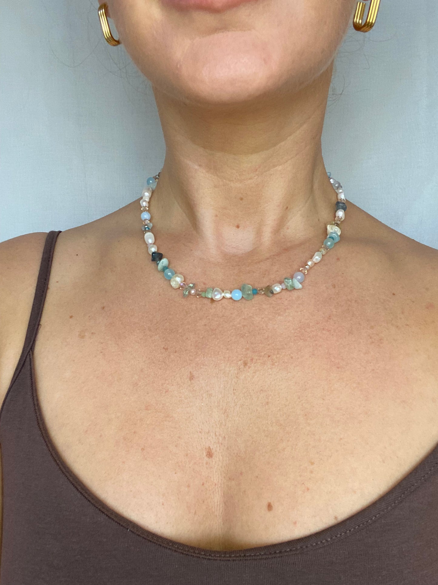 Blue Agate, Amazonite & Freshwater Pearl Necklace
