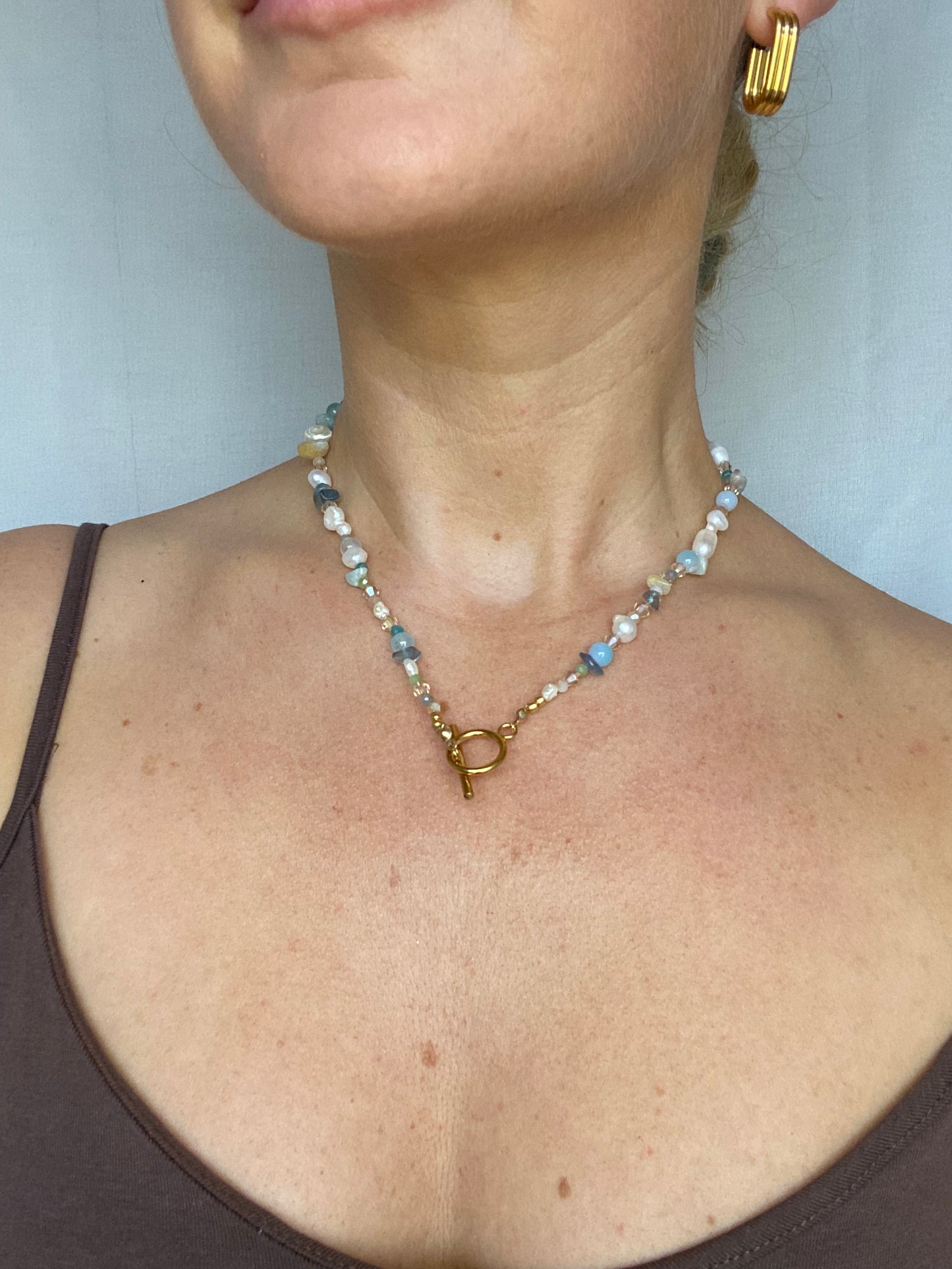 Blue Agate, Amazonite & Freshwater Pearl Necklace