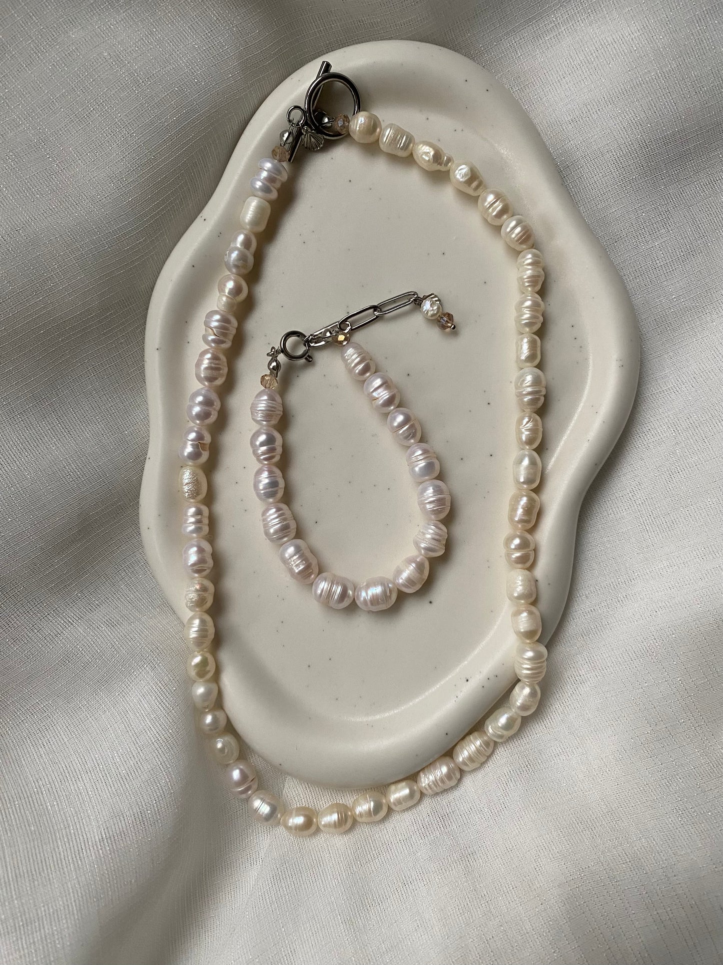 Champagne Pearl Necklace & Bracelet Set